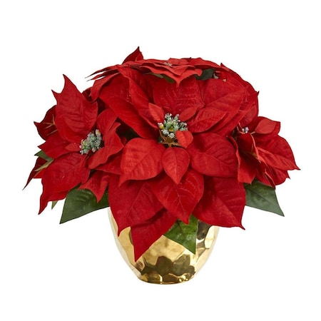Nearly Naturals Poinsettia Artificial Arrangement in Golden Vase 1963